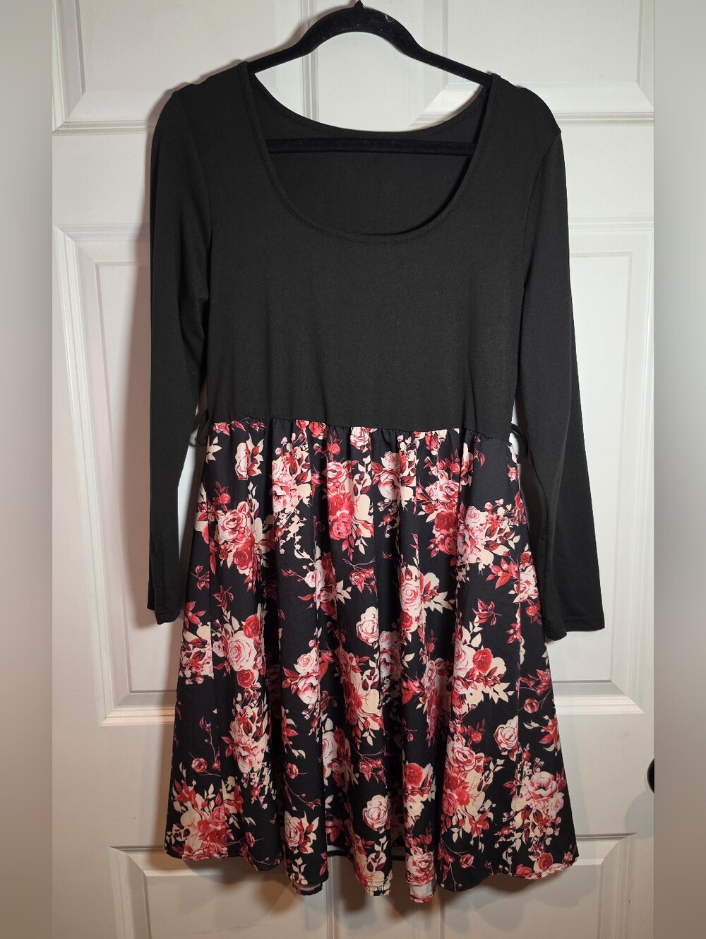 Shein Curve Black Floral Long-Sleeve Fit & Flare Dress With Belt Loops 0XL